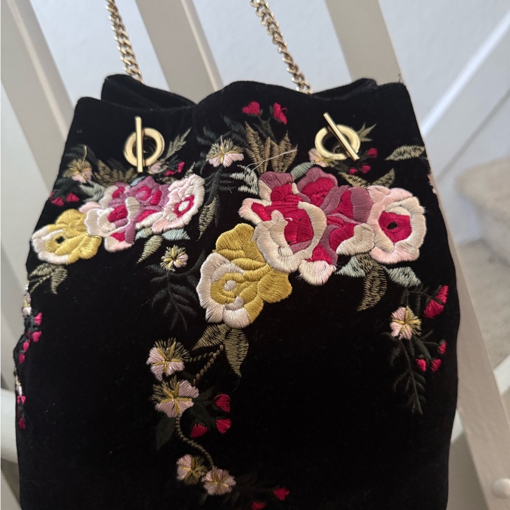 Zara Black Velvet Bag with Floral Embroidery